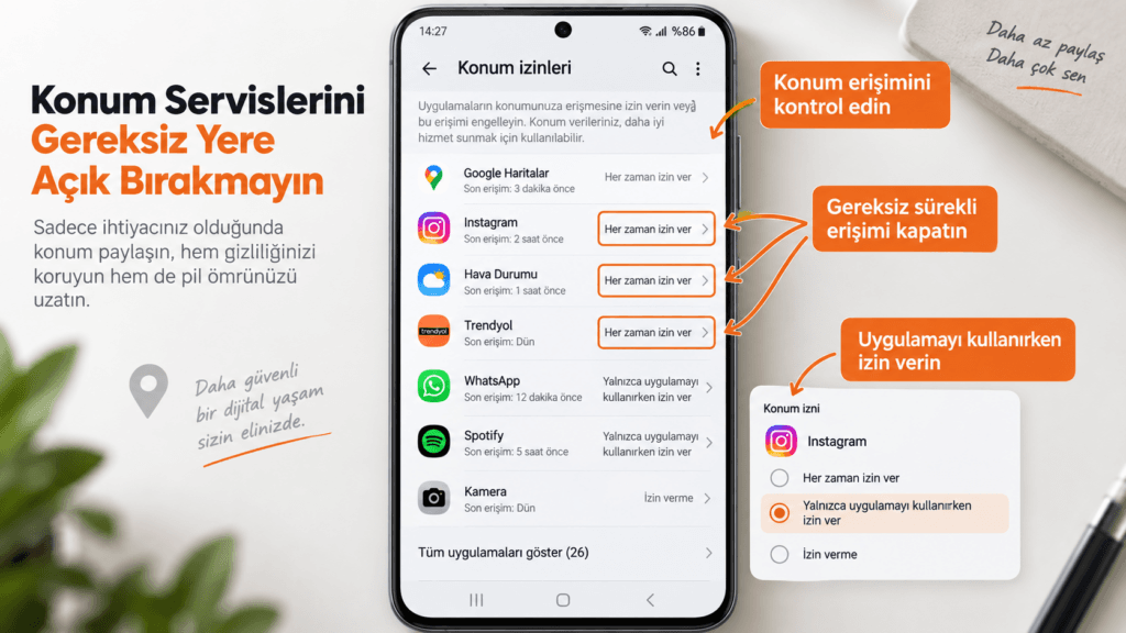 Android telefonda konum izinleri ekranı; uygulamaların konum erişimini gereksiz yere açık bırakmamak için ayar örneği