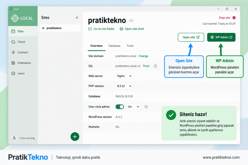 LocalWP içinde Open Site ve WP Admin butonlarıyla WordPress sitesini ve yönetim panelini açma