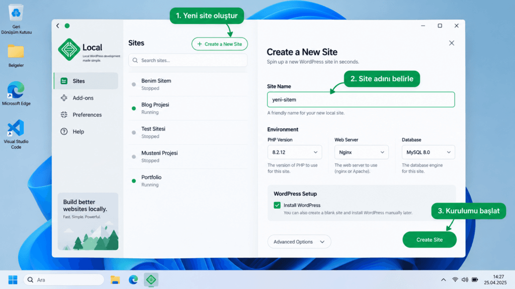 LocalWP içinde yeni WordPress sitesi oluşturma ve site adını belirleme ekranı