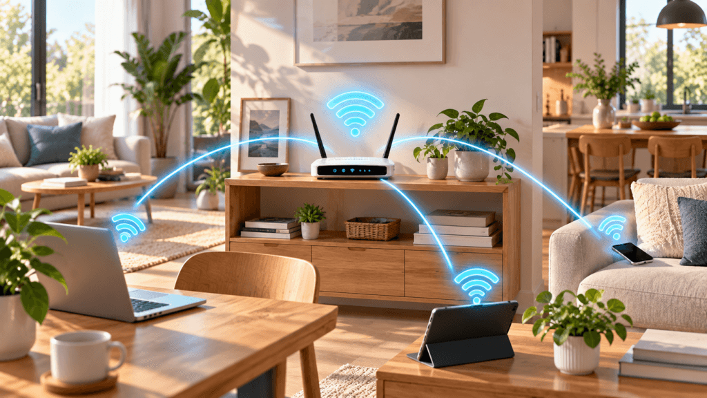 v içinde merkezi konumda yerleştirilmiş modem ve farklı cihazlara yayılan Wi-Fi sinyali