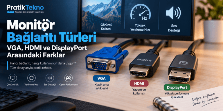 VGA, HDMI ve DisplayPort monitör bağlantı türlerini karşılaştıran görsel