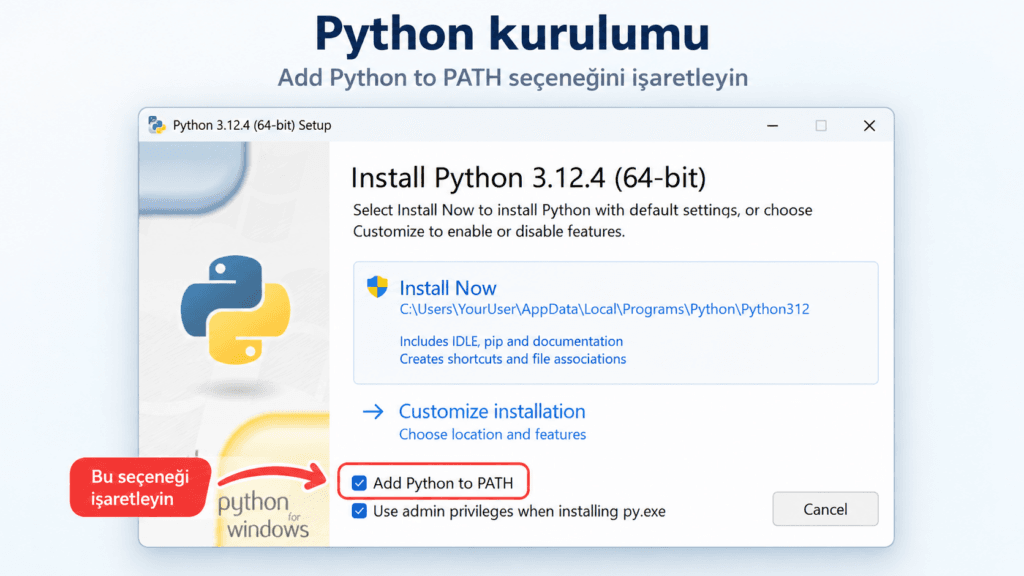 Python kurulum ekranında Add Python to PATH seçeneğinin işaretlenmesi