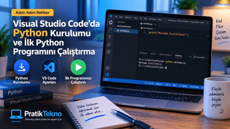 Visual Studio Code ekranında Python kodu ve terminal bulunan dizüstü bilgisayar