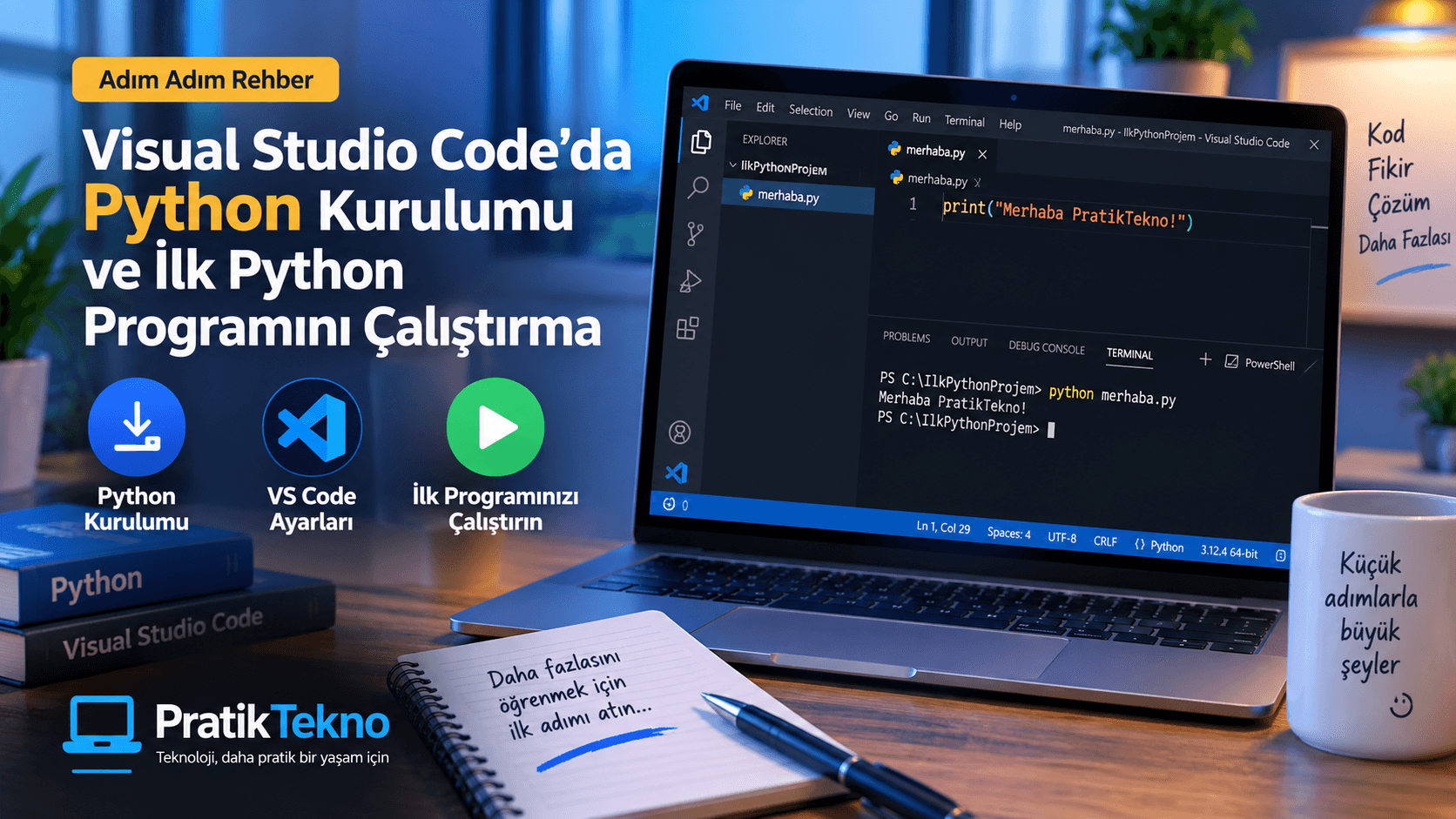 Visual Studio Code ekranında Python kodu ve terminal bulunan dizüstü bilgisayar