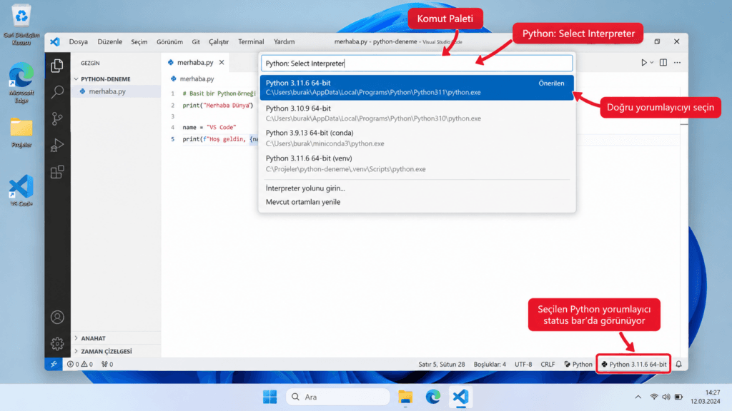 Visual Studio Code içinde Python yorumlayıcısı seçme ekranını gösteren görsel