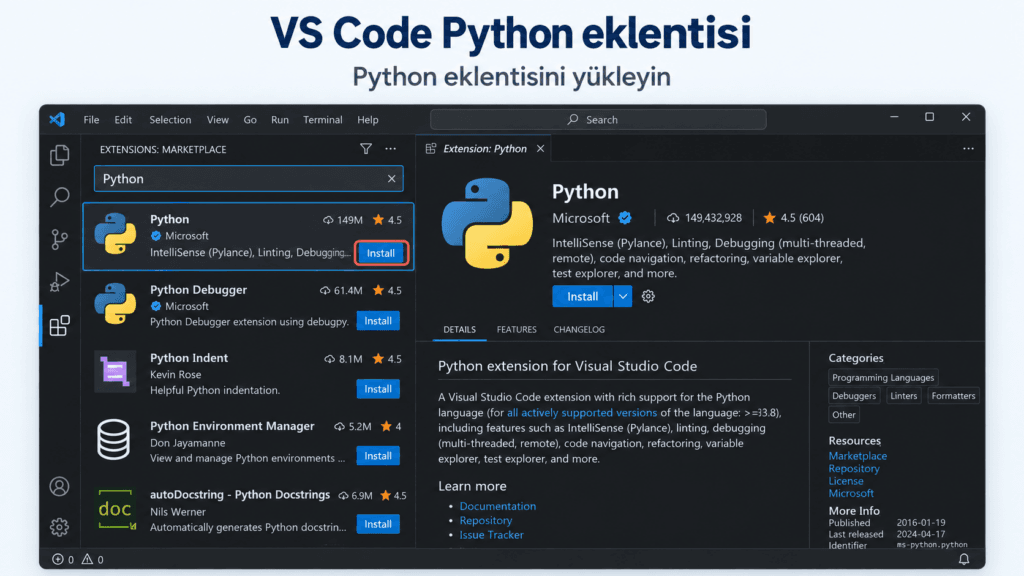 Visual Studio Code içinde Python eklentisinin kurulumu