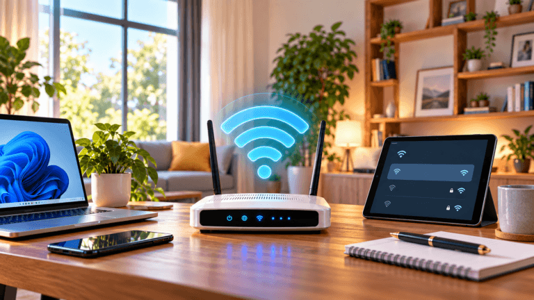 Ev ortamında modem, dizüstü bilgisayar ve Wi-Fi bağlantısını gösteren görsel