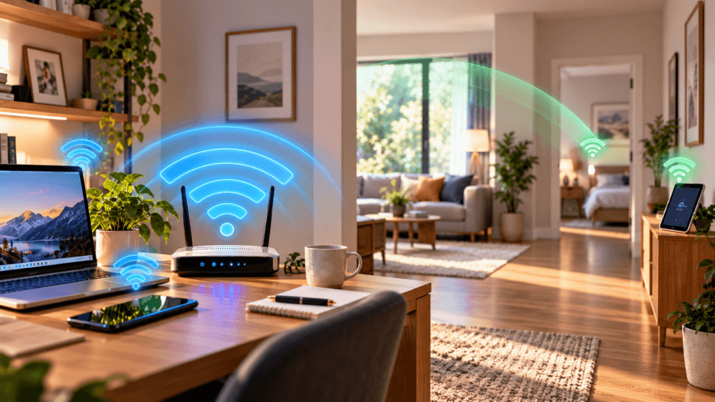 Modemden yakın ve uzak cihazlara yayılan farklı Wi-Fi sinyal kapsama alanlarını gösteren ev ortamı