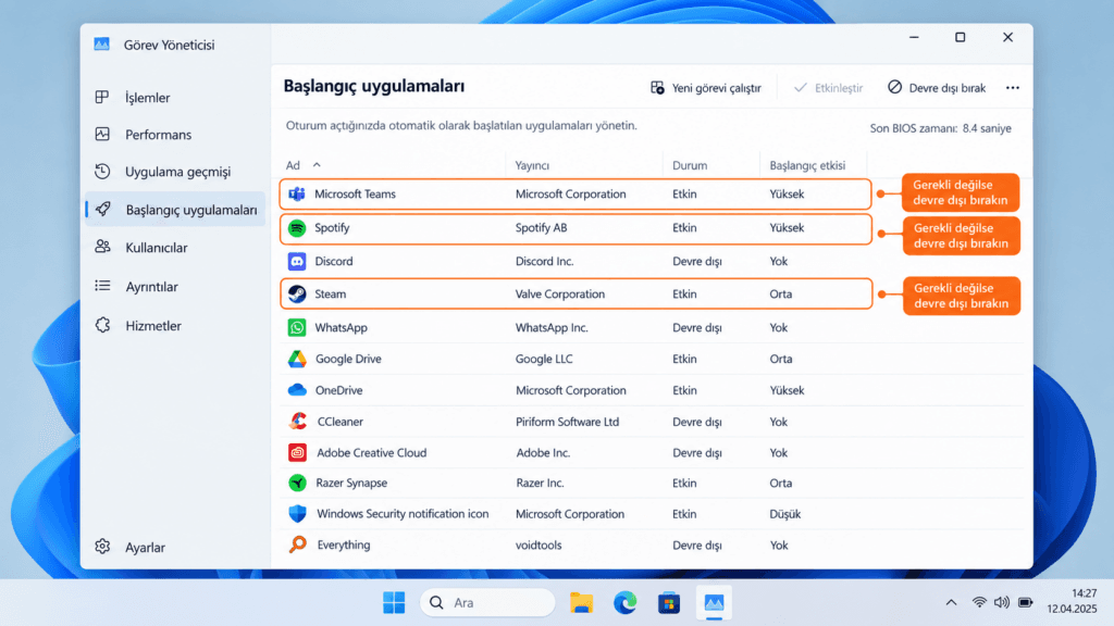 Windows 11 başlangıç uygulamaları ayar ekranı