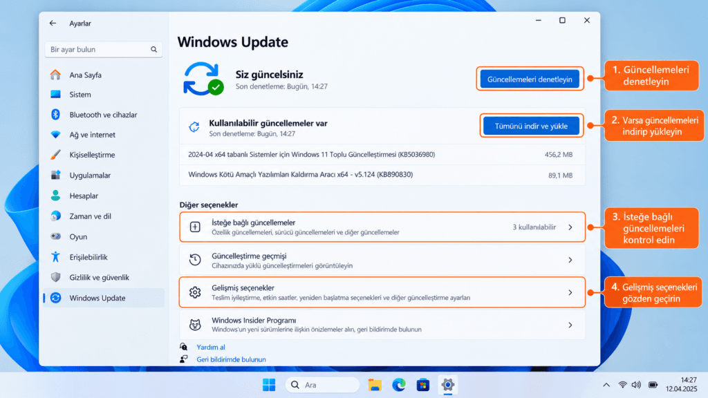 Windows 11 güncelleme ayarları ekranı