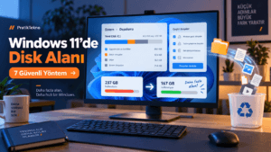 Windows 11’de disk alanı açma yöntemlerini temsil eden, depolama temizliği temalı modern görsel