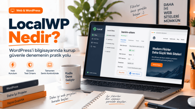 Bilgisayarda LocalWP kullanarak yerel WordPress sitesi kurulumunu gösteren öne çıkan görsel.